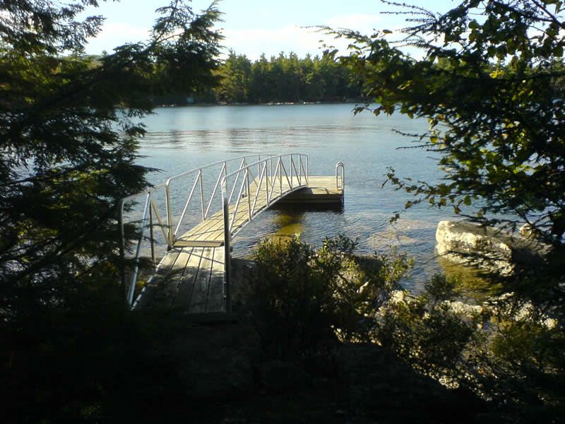 Three piece system includes a small 10 foot transition gangway that does from shore to a large rock and a 35 x 3 foot wide gangway onto a 10 x 12 foot float completes the setup.