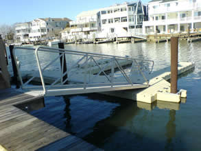 This 20 x 4 foot aluminun gangway sits on an Easy-Dock float in New Jersey.