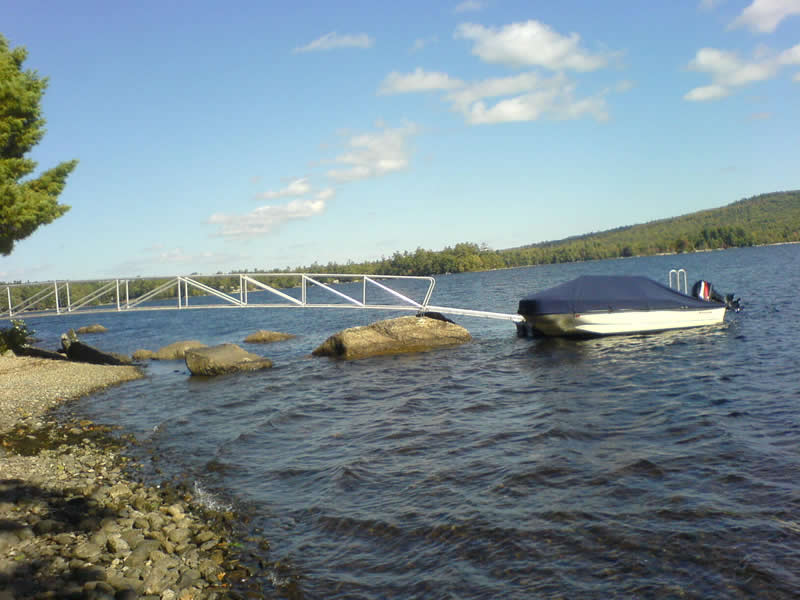 The gangway design takes advantage of the numberous granite rocks on Maine lakes.